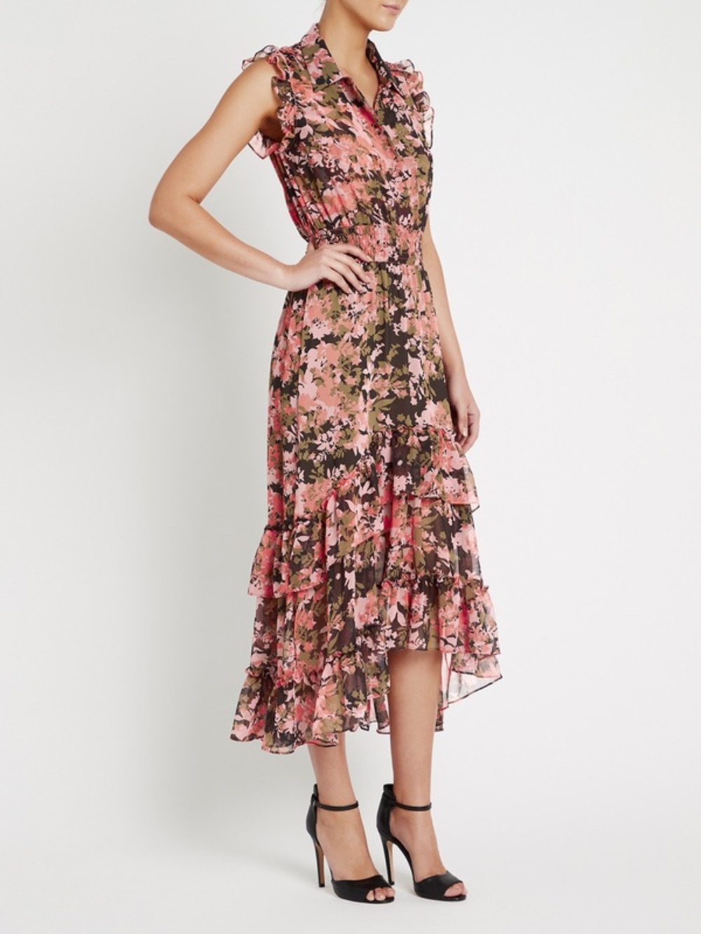Misa Editha Ruffle Tiered Smocked Floral Print Midi Dress Pink Green Small